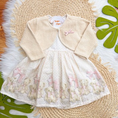 Conj. Bolerinho de Pelinho e Vestido Ursinhas - Rosa Bebê e Off White
